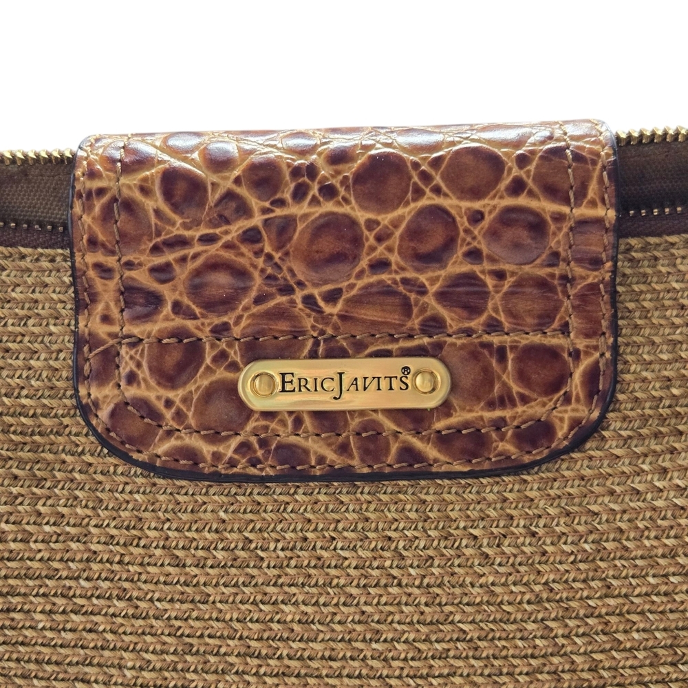 Eric Javits Woven Straw Croc Embossed Leather Trim Shoulder Bag Satchel - Picture 3 of 12